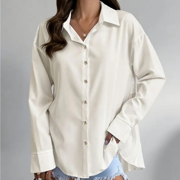 🎁 Unique! 🥀 Long Sleeve Solid Color Button Front Pleated Back Chic Blouse - Picture 4 of 8